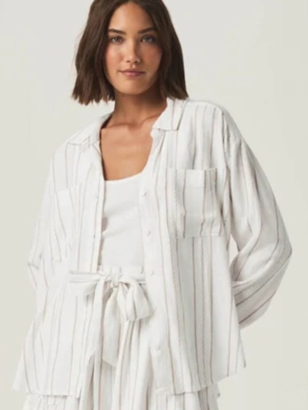 SPLENDID GABRIELLE STRIPE BUTTON DOWN SHIRT IN WHITE/FAWN /SIZE:MEDIUM